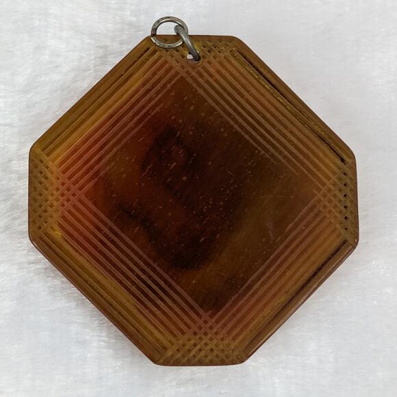 Vtg Octagon Cameo Pendant Bakelite Style Brown Frame Floral Woman Relief 2.625" - Picture 2 of 6